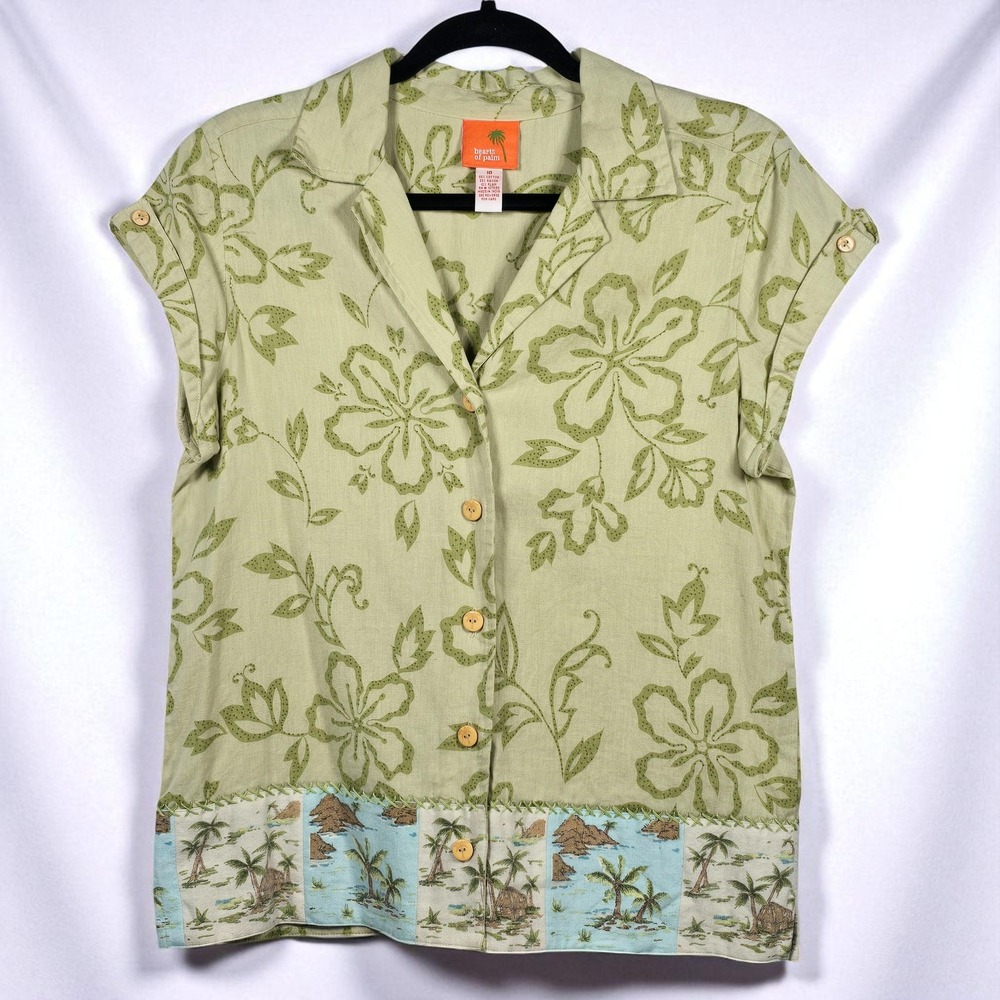 Hearts of Palm Woman Hawaiian‎ Shirt Size 10 Floral Tropical Print Button Up VTG